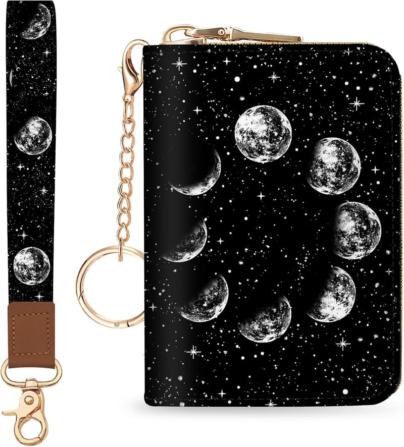 Blusabaca Credit Card Holder for Women, Moon Small RFID Blocking Wallet with Wristlet Strap, Keychain Zipper Women Wallet, Leather Card Case, Card Wallet Purse with Key Lanyard - Image 1